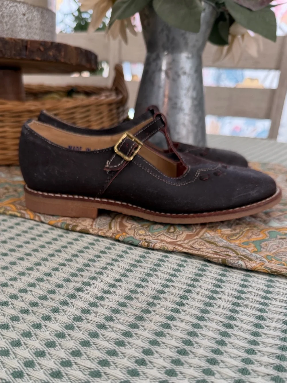 Vintage Handmade Dark Brown Suede Mary Jane Leather Shoes with Buckle Sz 3